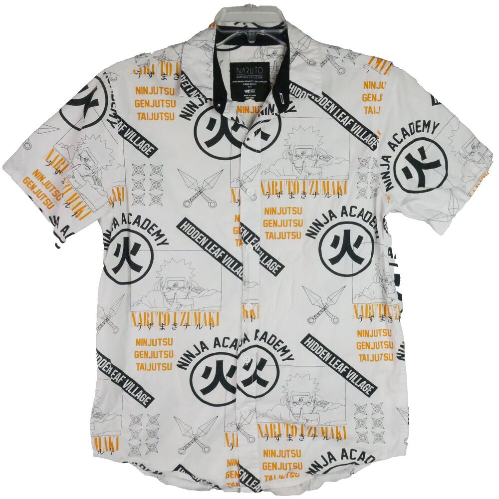 Naruto Shippuden Collection Mens Size M Button Up White Shirt Ninja Academy